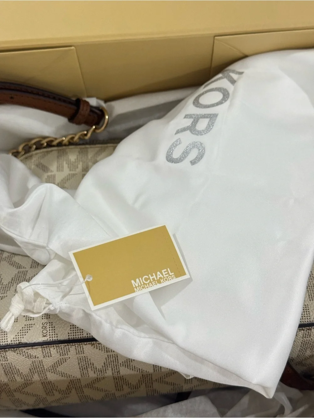 Michael Kors Cream Logo Crossbody with Brown Strap